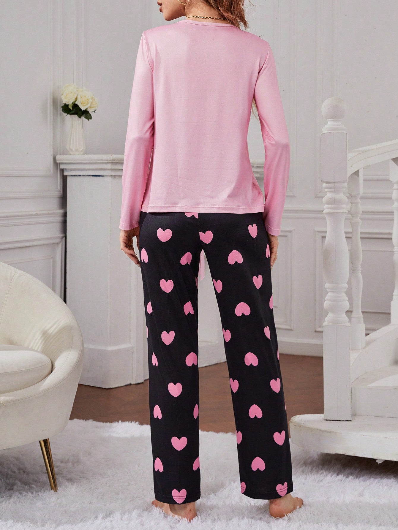 Pijama Longo Rosa Com Preto Larguinho Jéssica