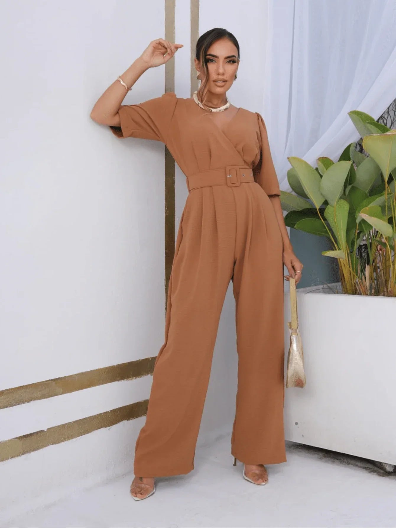Macacão Pantalona Com Manga 3/4 E Cinto Suzana Laranja Terra Cota / P