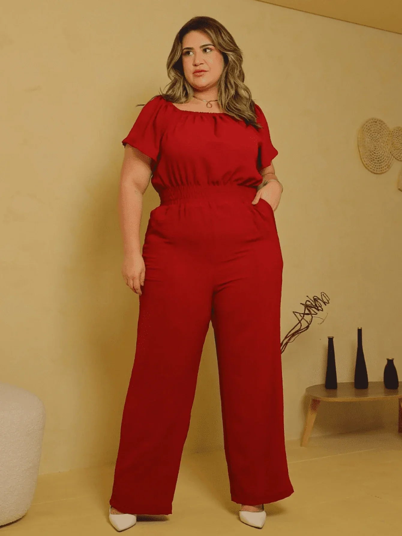Macacão Perna Longa Com Gola Ombro Á Plus Size Kelly Marsala / M