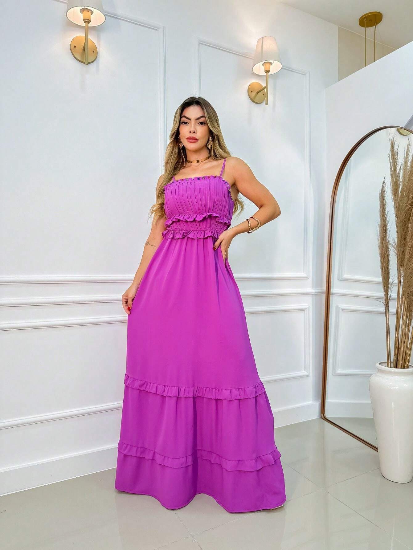 Vestido Longo Franzido Com Babado Isabela Roxo / P