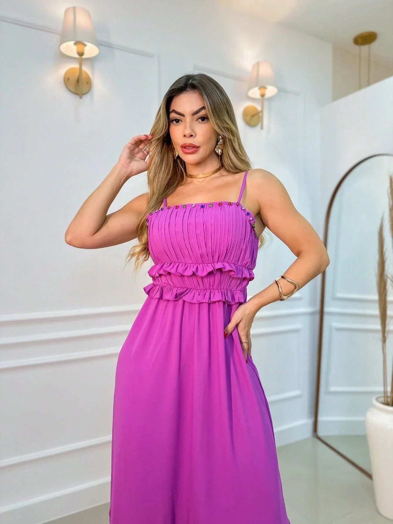 Vestido Longo Franzido Com Babado Isabela