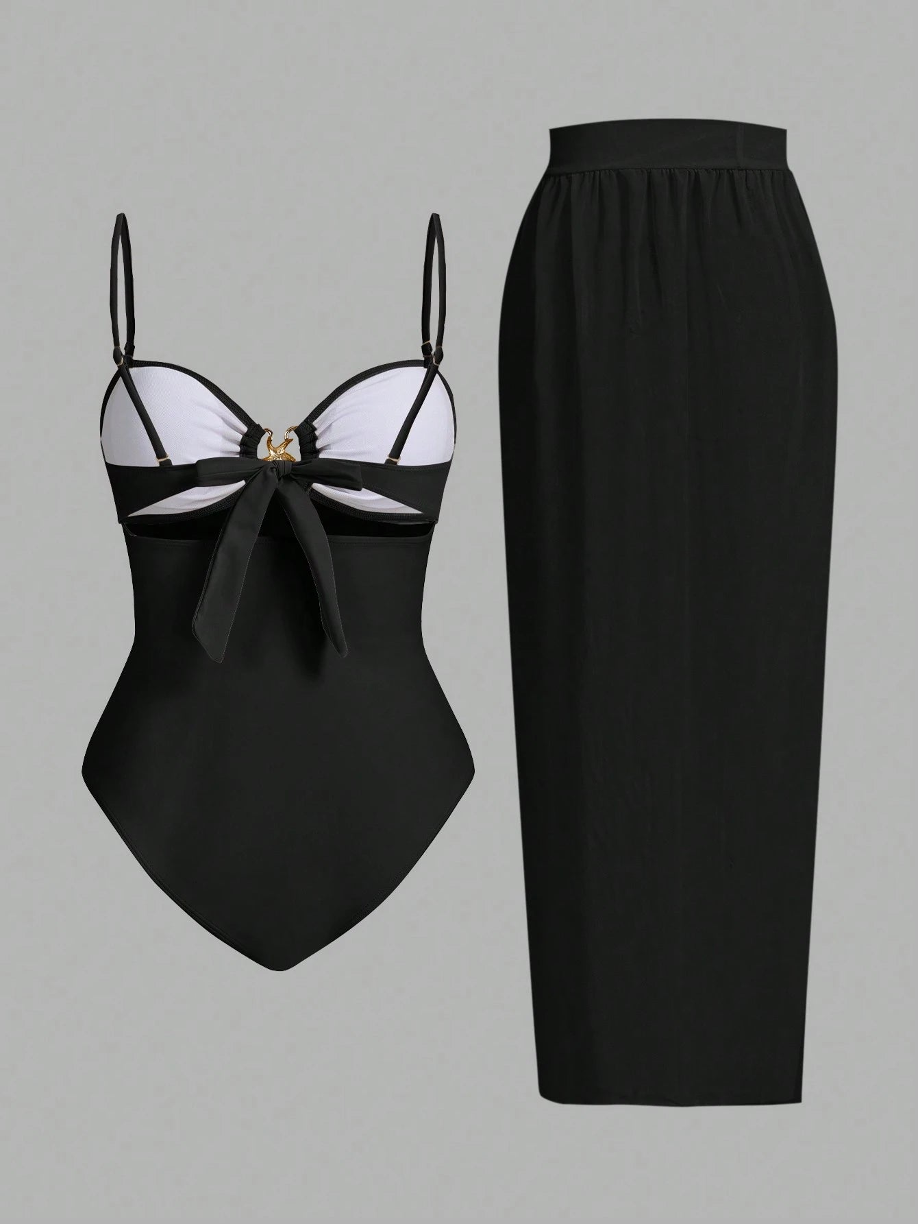 Conjunto De 3 Peças Maiô Com Decote Vazado E Saia Com Detalhe De Amarração Zuleica