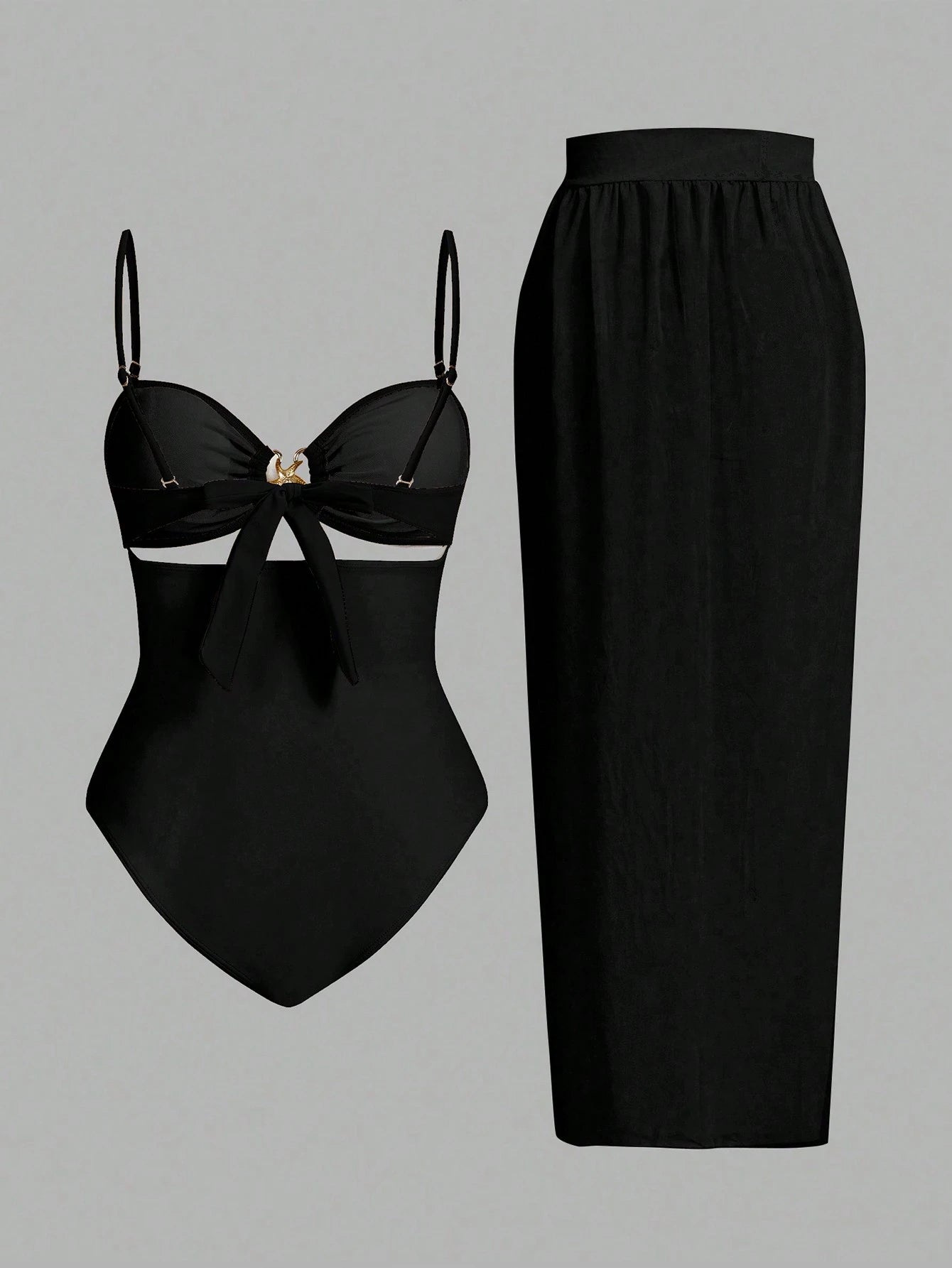 Conjunto De 3 Peças Maiô Com Decote Vazado E Saia Com Detalhe De Amarração Zuleica