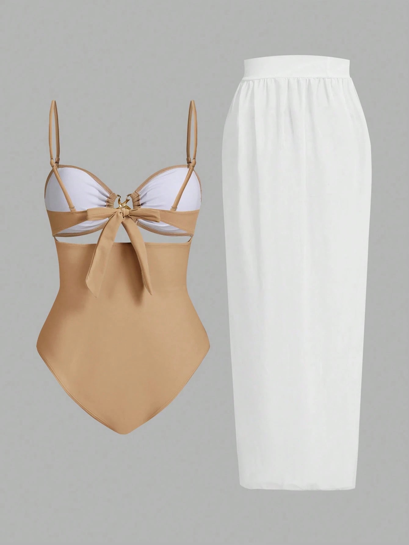 Conjunto De 3 Peças Maiô Com Decote Vazado E Saia Com Detalhe De Amarração Zuleica