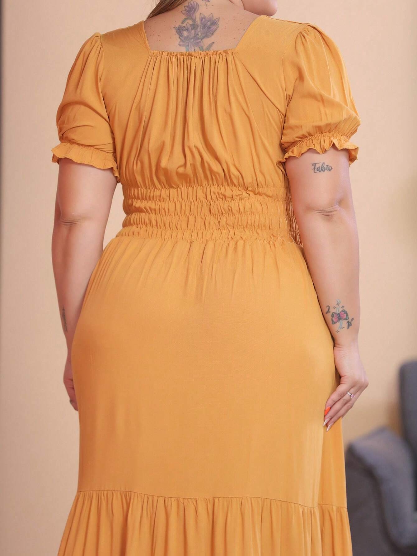 Vestido Longo Manga Bufante Com Babado Plus Size Taís