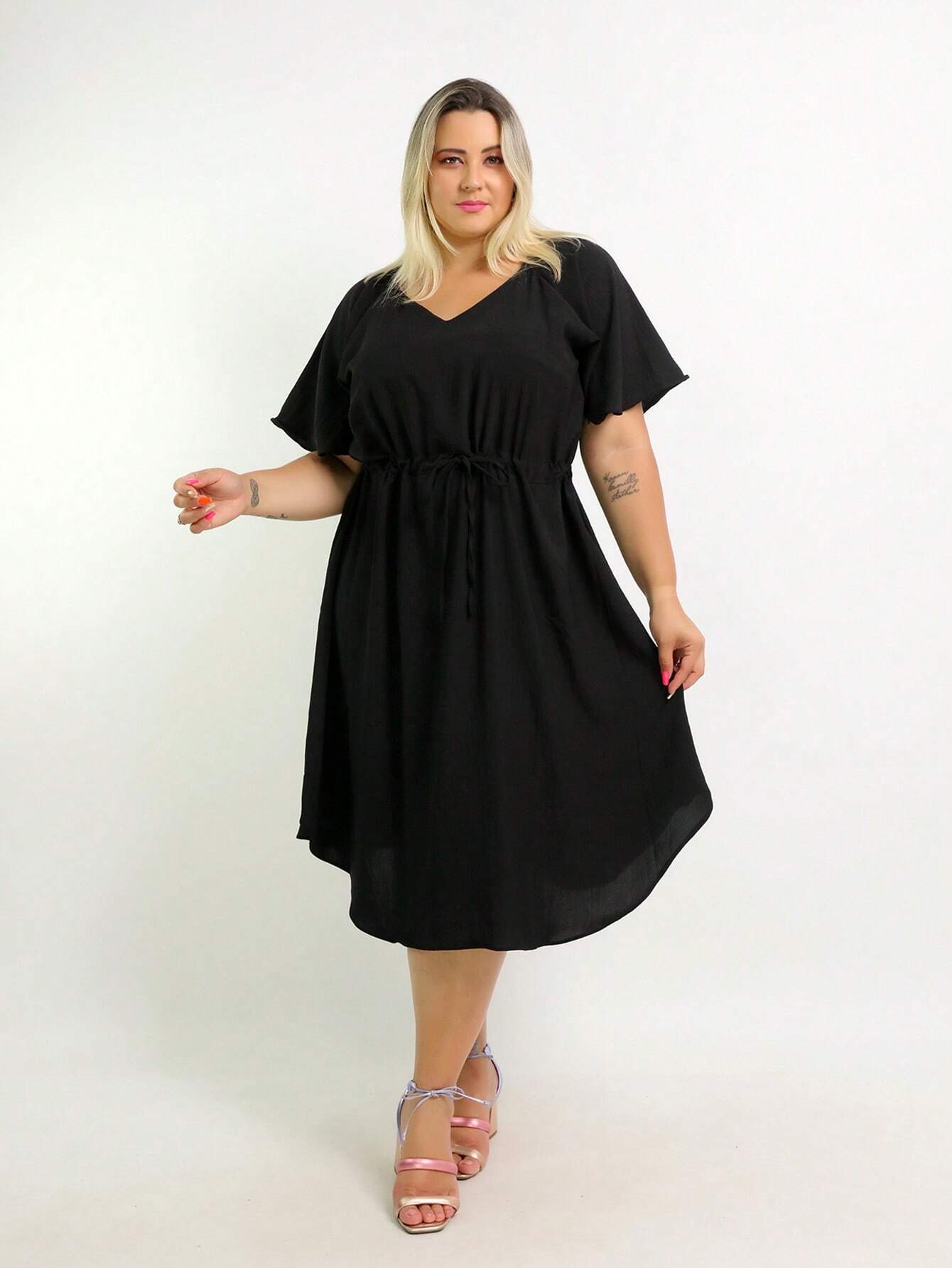 Vestido Com Manga Esvoaçante E Cinto De Amarração Bárbara