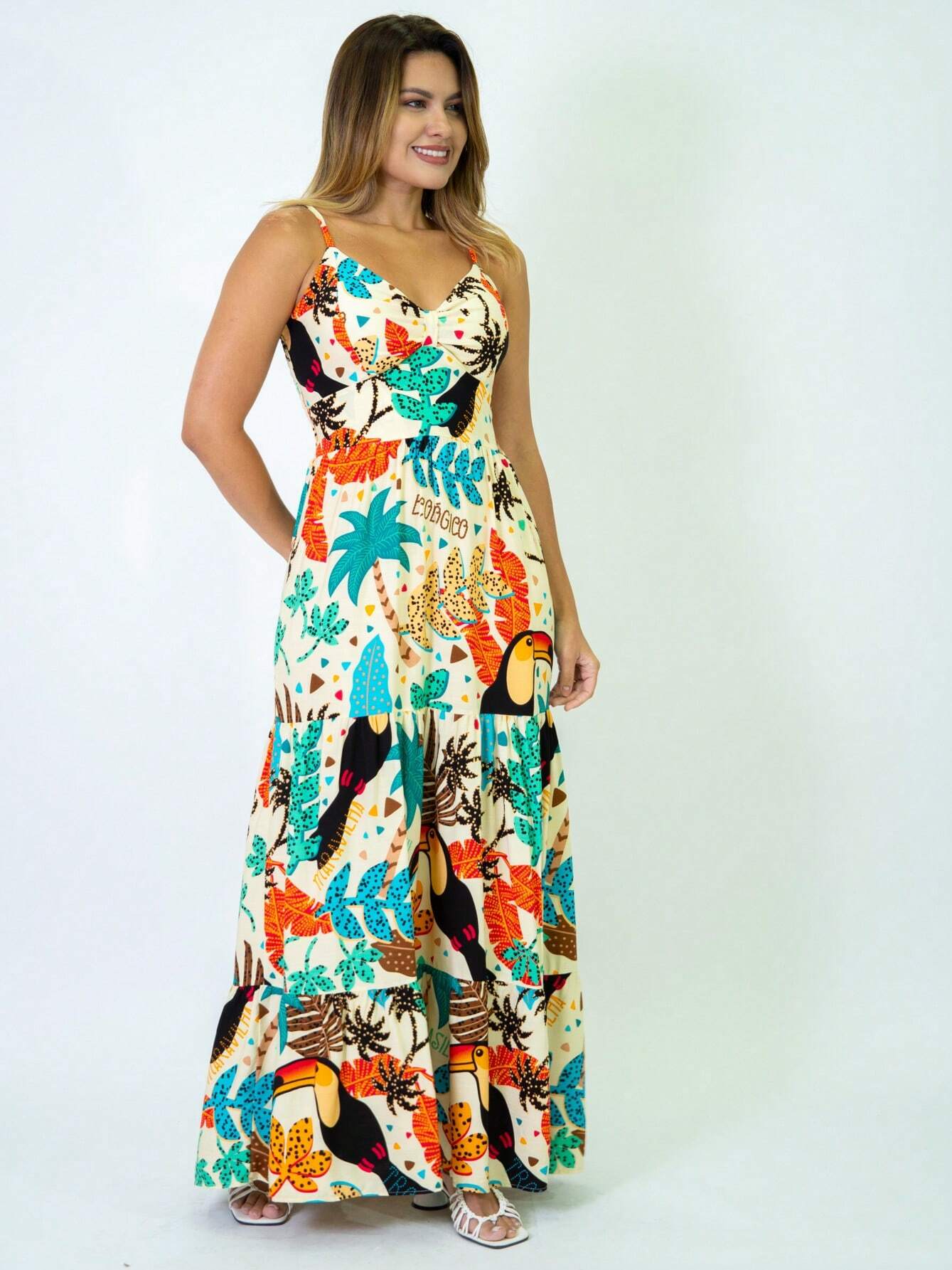 Vestido Longo Franzido Estampado Esther