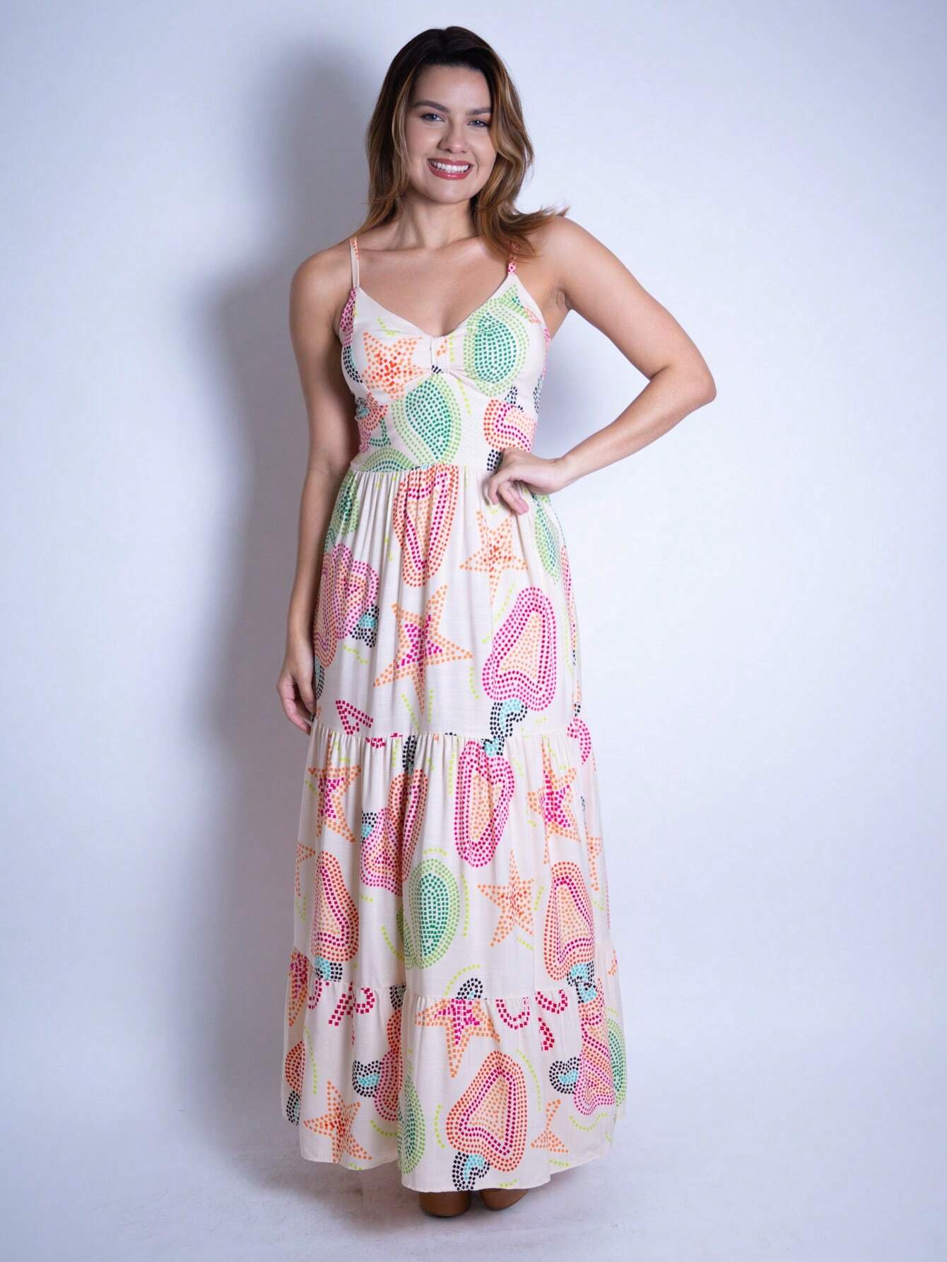 Vestido Longo Franzido Estampado Esther Pêssego / P
