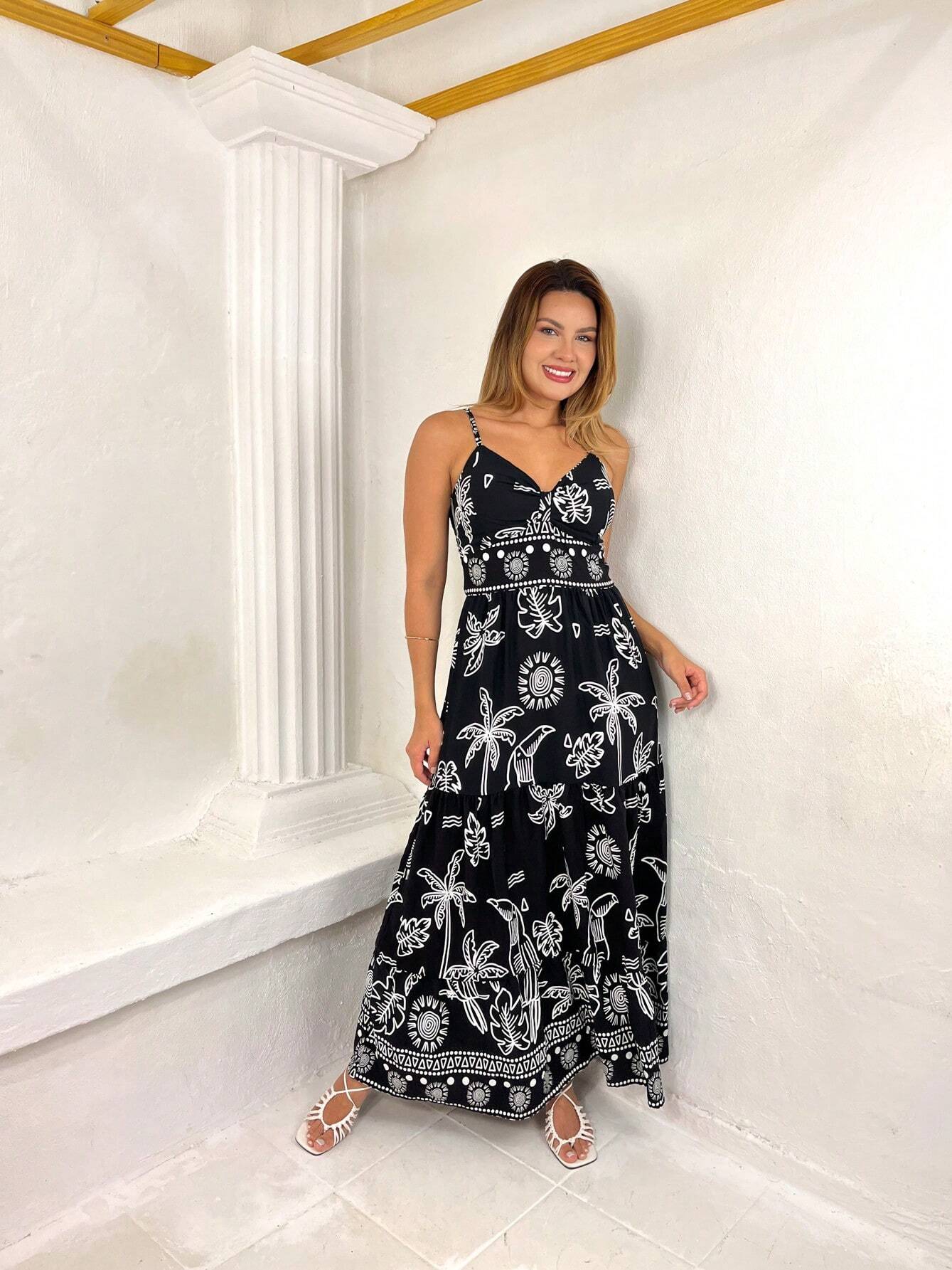 Vestido Longo Franzido Estampado Esther Preto E Branco / P