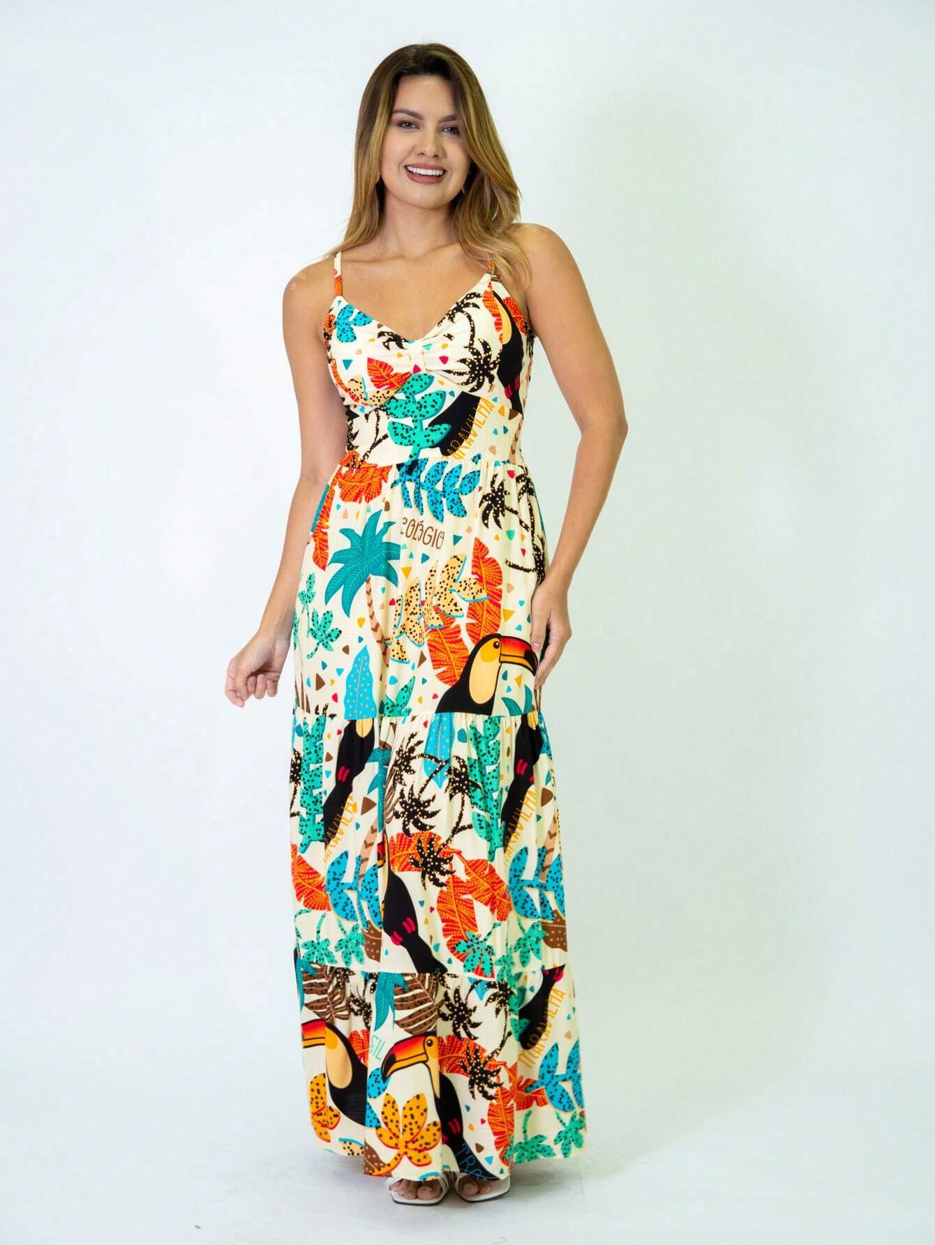Vestido Longo Franzido Estampado Esther Caramelo / P