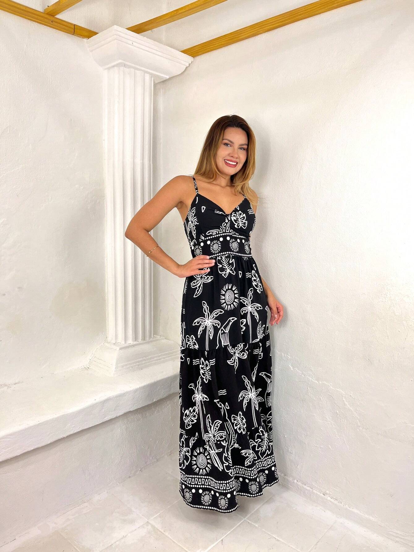 Vestido Longo Franzido Estampado Esther