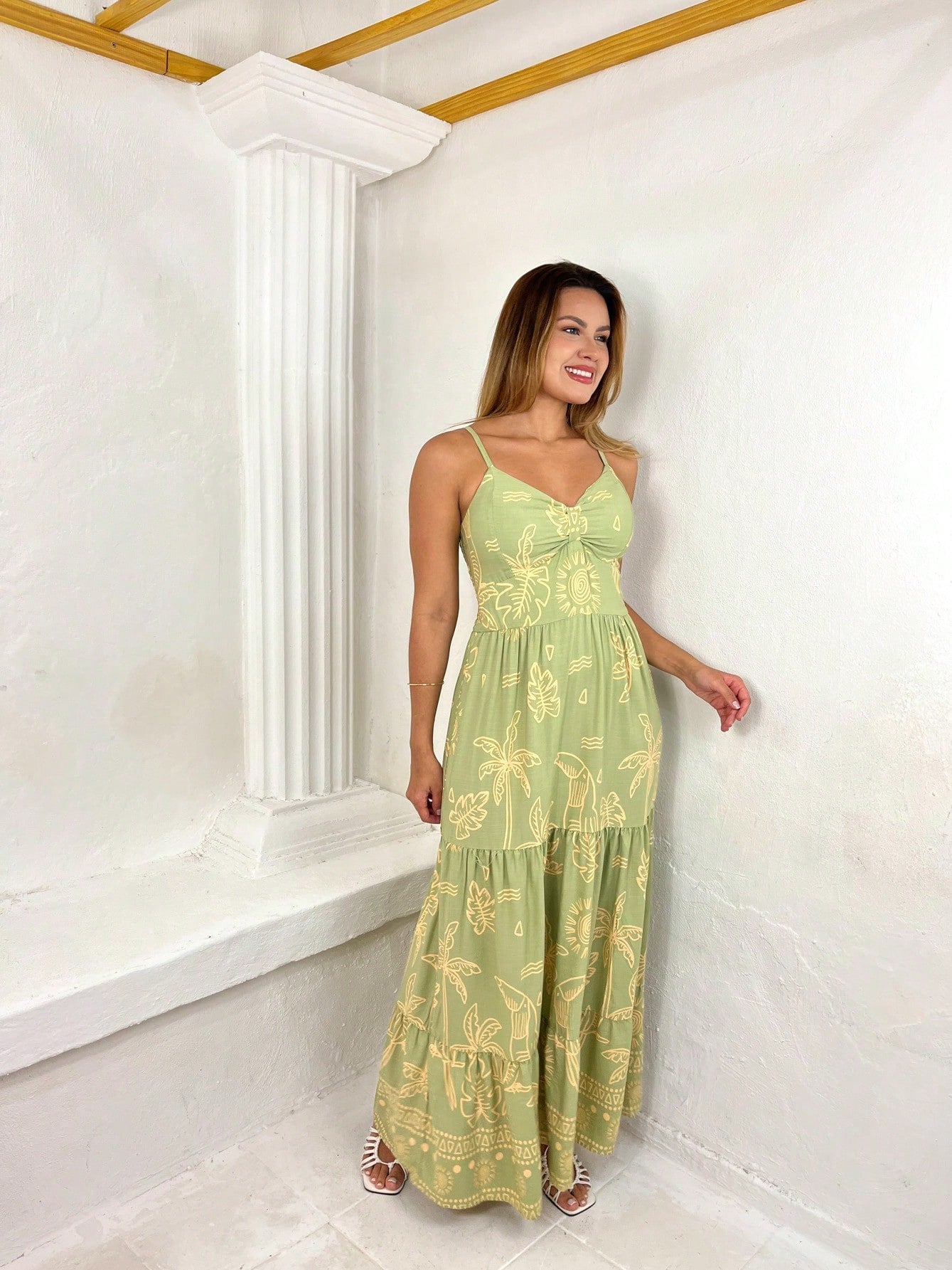 Vestido Longo Franzido Estampado Esther Verde Militar / P