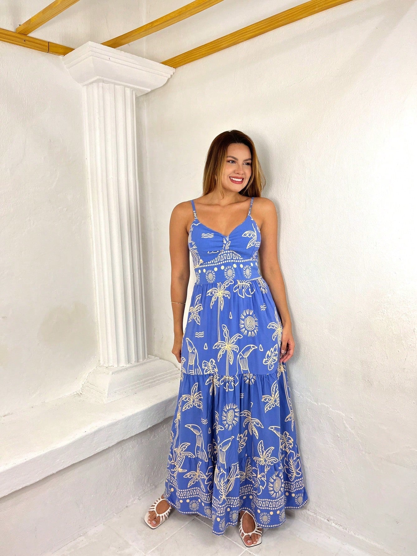 Vestido Longo Franzido Estampado Esther Azul Empoeirado / P