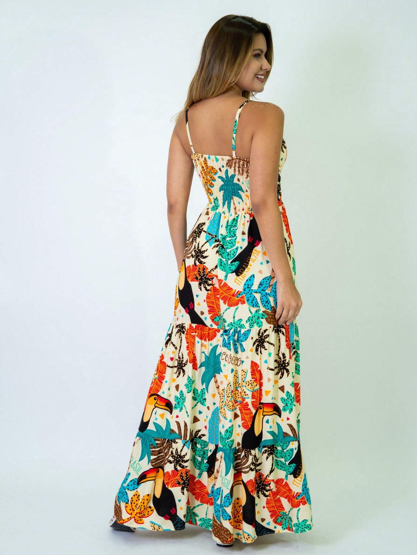 Vestido Longo Franzido Estampado Esther
