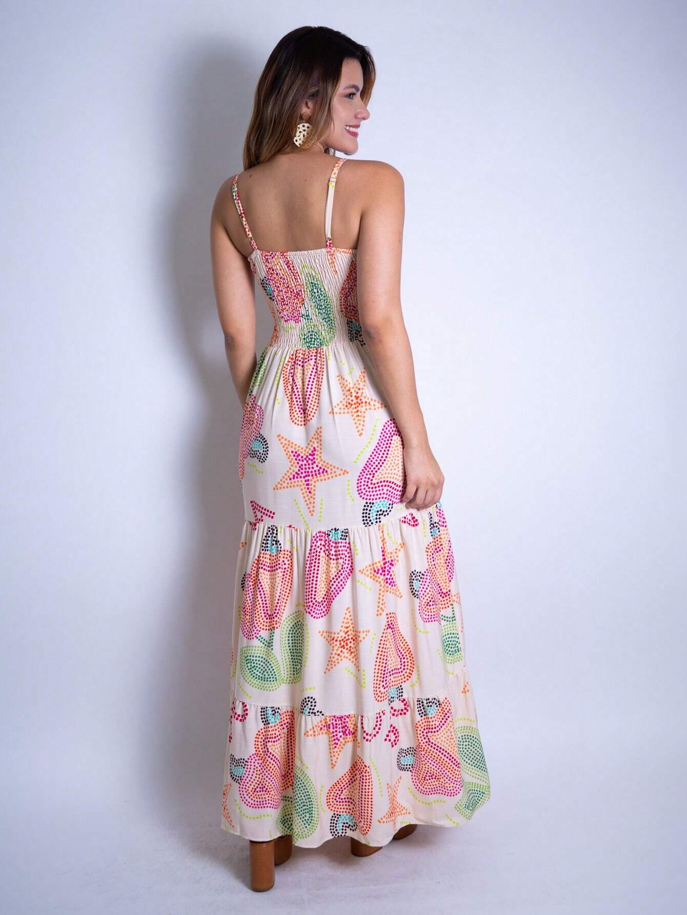 Vestido Longo Franzido Estampado Esther