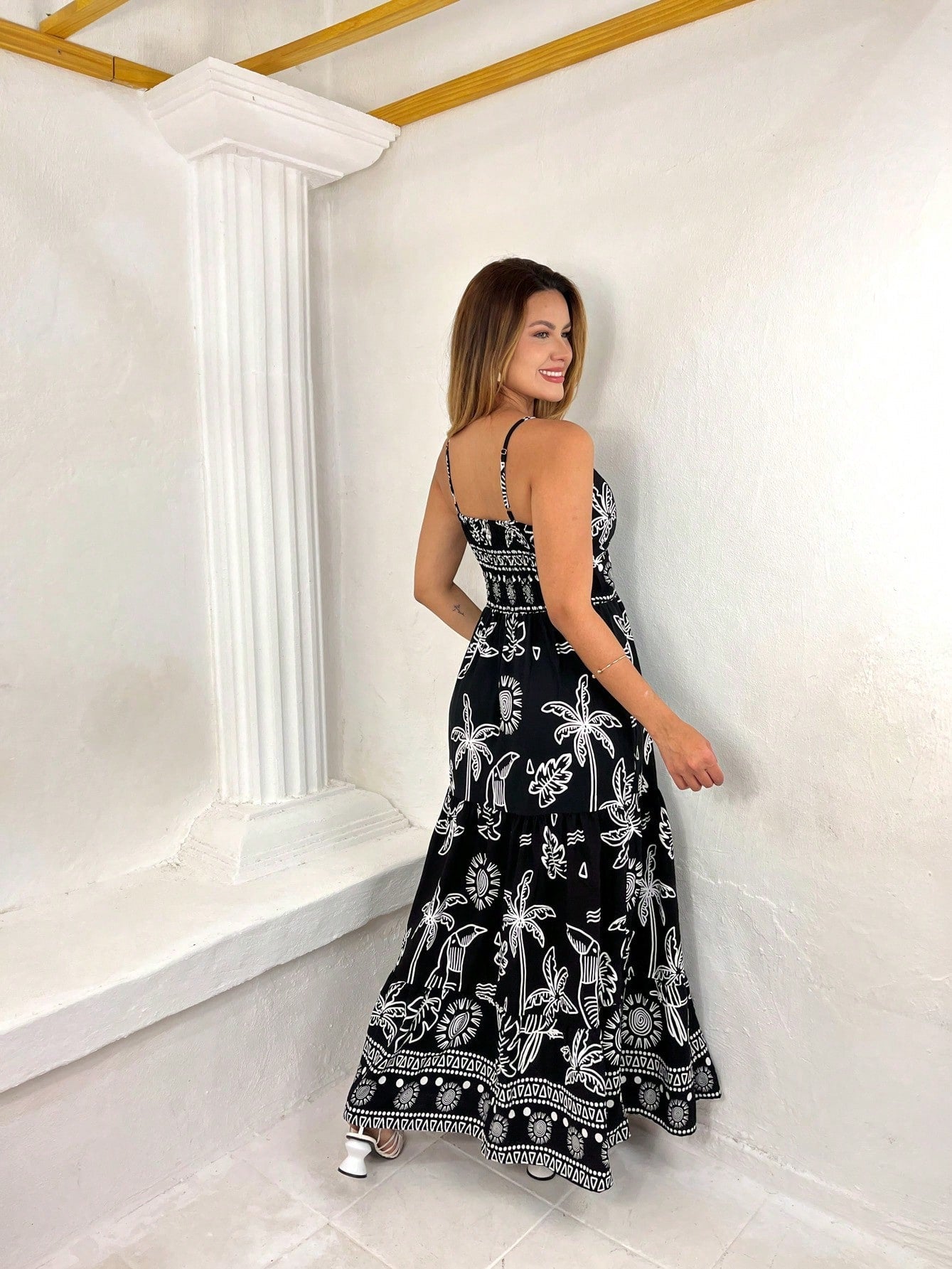 Vestido Longo Franzido Estampado Esther