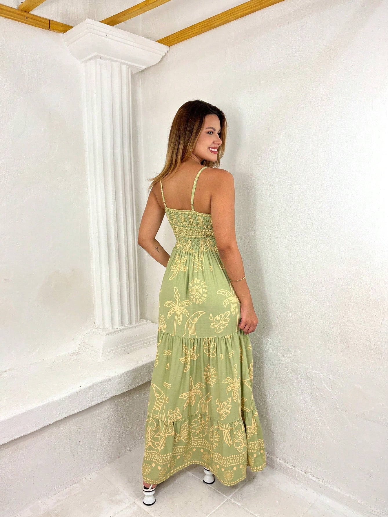 Vestido Longo Franzido Estampado Esther