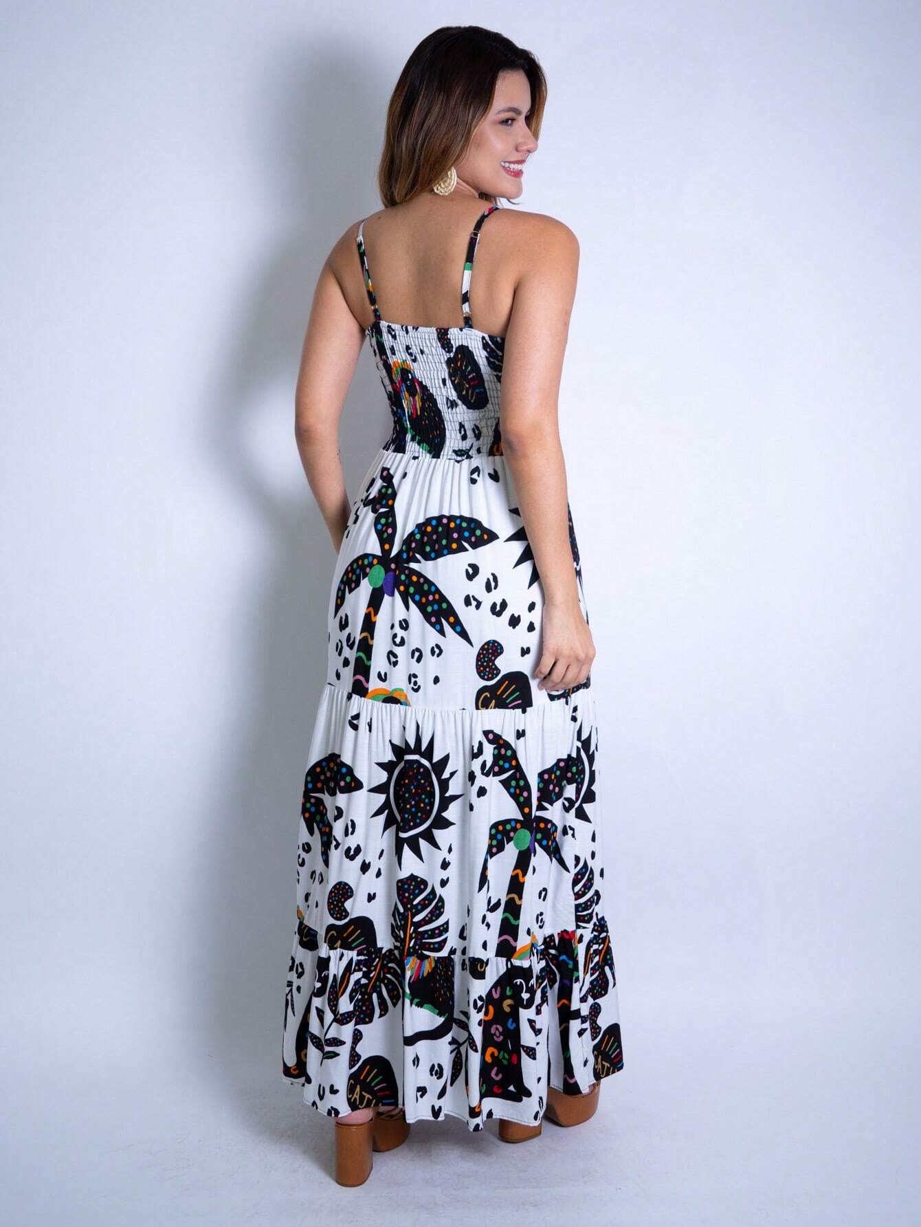 Vestido Longo Franzido Estampado Esther