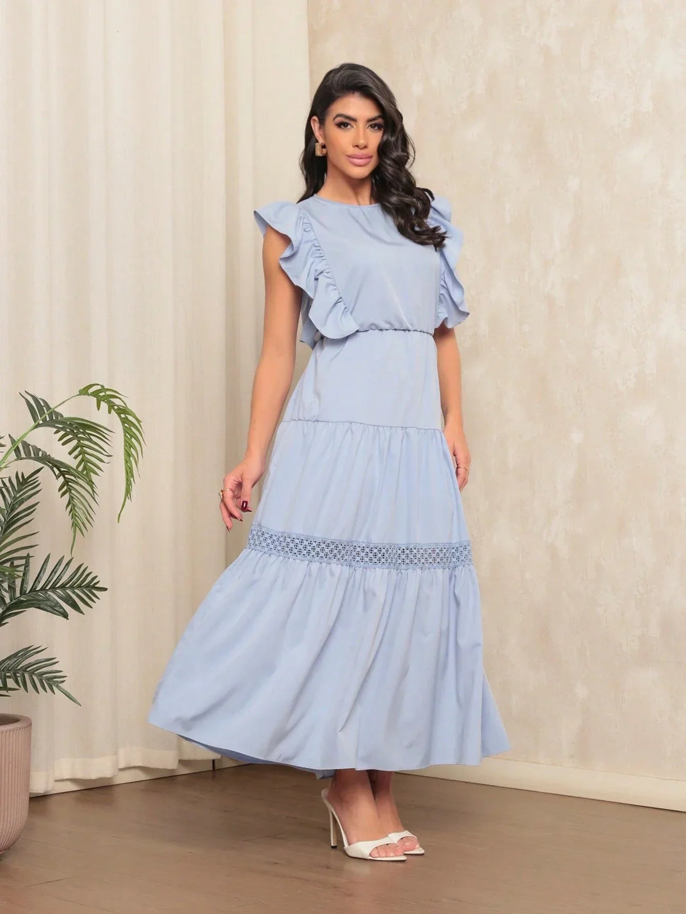 Vestido Longo Bainha Com Babado Thaís Azul Bebê / P