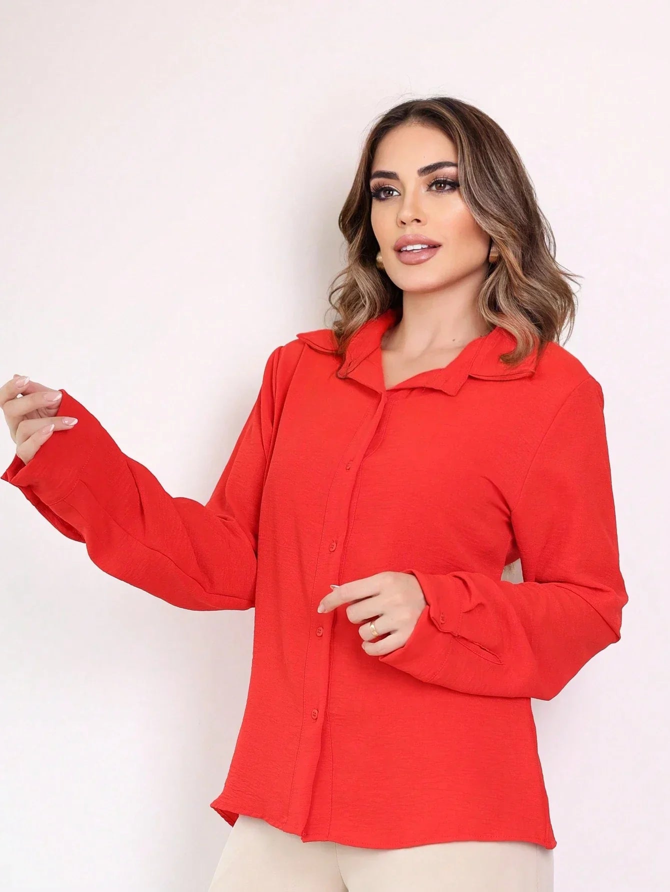 Camisa Estilo Social Com Manga Bufante E Botões Silvana Vermelho / P