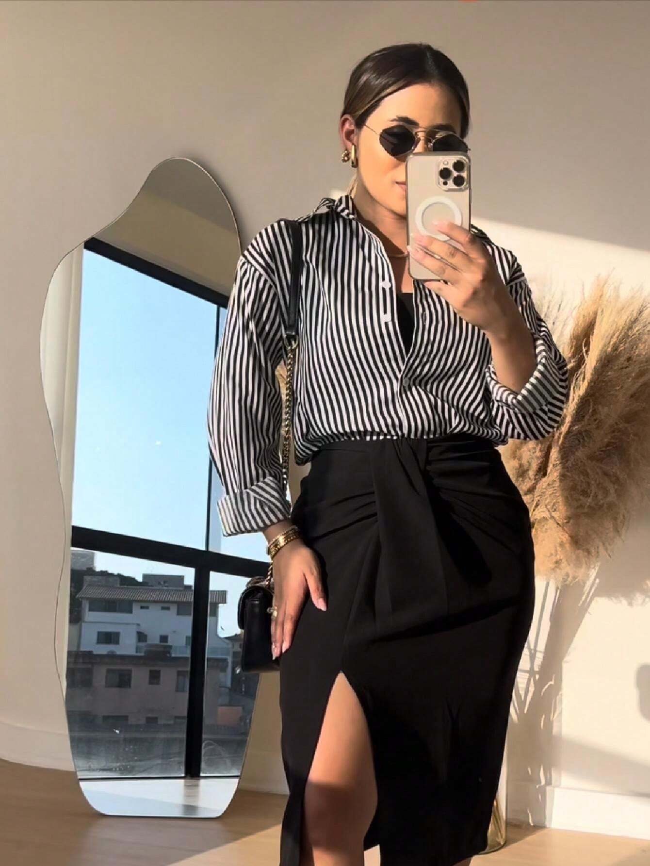 Camisa Social Manga Longa Com Botões Tatiane Fino Preto E Branco / P