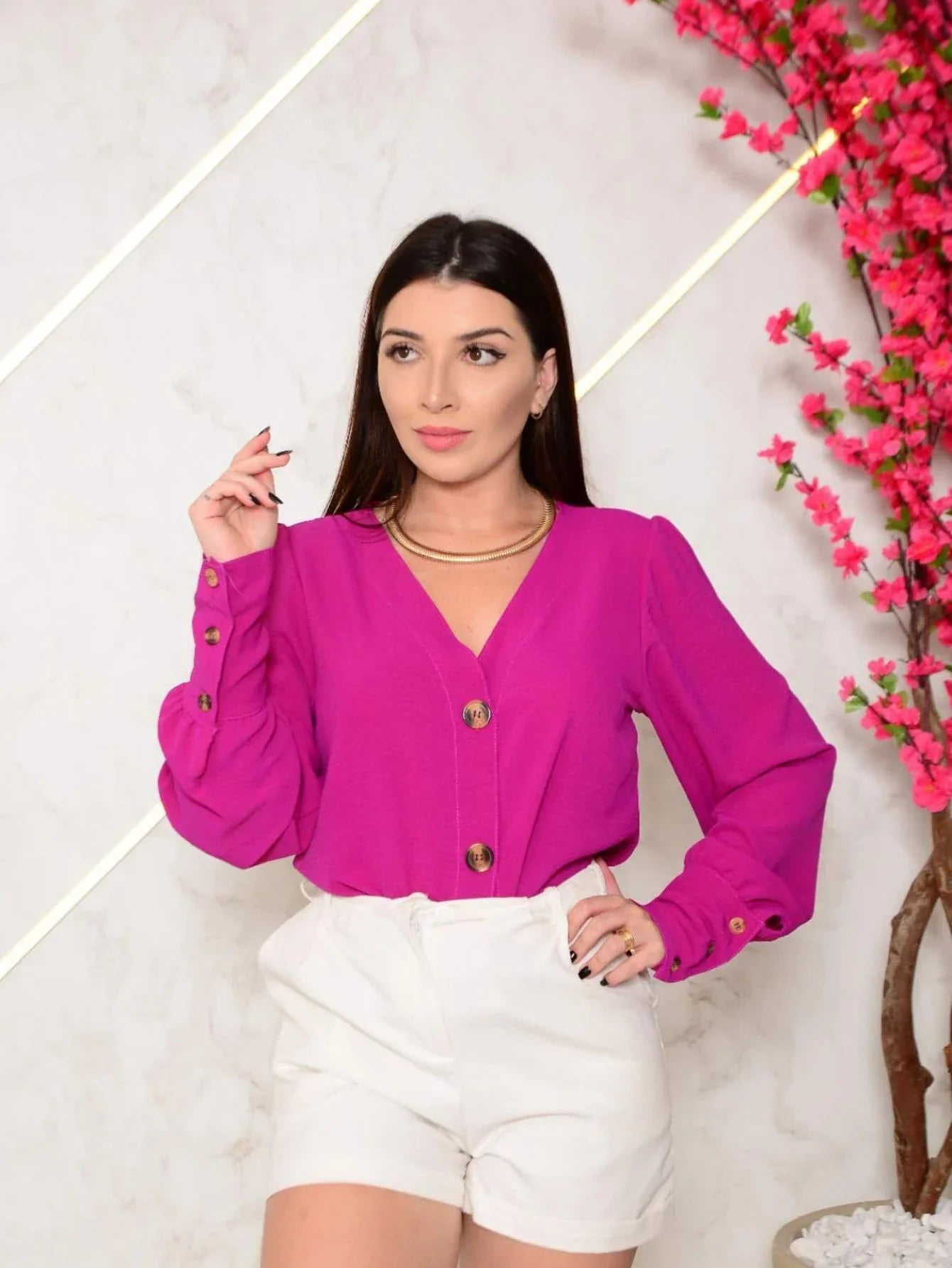 Camisa Manga Longa Decote Em V Com Botão Cristina Fúcsia / P