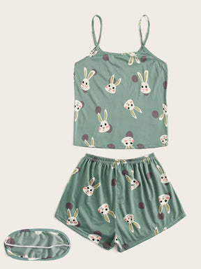 Conjunto de Pijama / Camiseta Alça com Estampa de Coelho Poá e Máscara para os Olhos