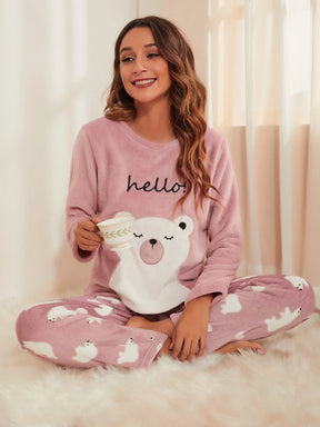 CoupledUp Conjunto de Pijama/Pijama em Flanela com Bordado de Urso e Letra