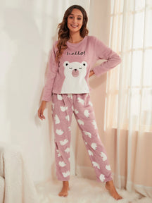 CoupledUp Conjunto de Pijama/Pijama em Flanela com Bordado de Urso e Letra