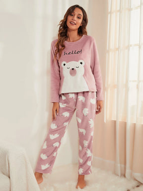 CoupledUp Conjunto de Pijama/Pijama em Flanela com Bordado de Urso e Letra