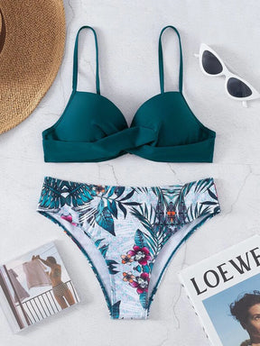 Conjunto de Maiô Bikini feminino para o verão com top sem alças cruzado à frente e Bottom de Maiô Bikini imprimido com plantas tropicais, roupa de banho, impressão aleatória