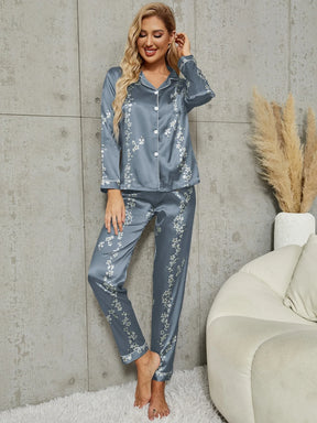 LuxeNights Conjunto de Pijama com Blusa de Cetim com Pesponto Contrastante e Estampa Floral e Calça