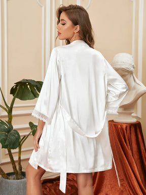 2 Conjuntos Pijama Roupão de Cetim com Painel de Renda e Amarração, Conjunto Branco