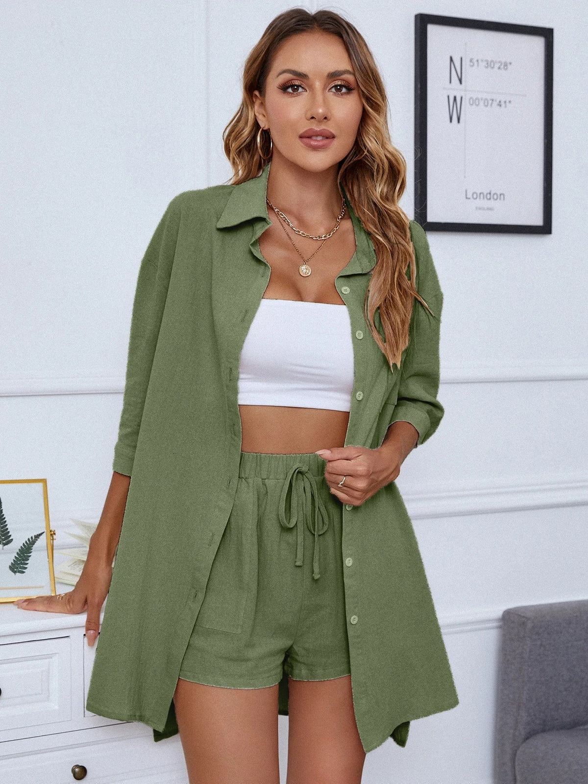INAWLY Blusa com Bermudas Abotoar Bainha alta baixa