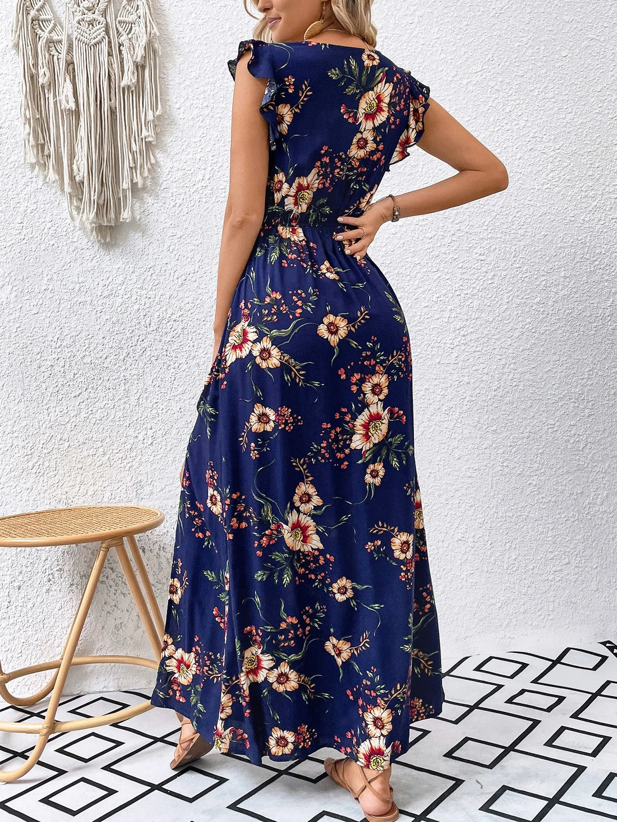 Breezaya Vestido Longo Moda Praia Mulheres com Estampa Floral, Babados e Fenda na Coxa