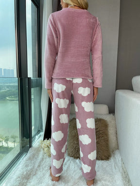 Conjunto de Pijama de Manga Longa de Flanela com Bordado de Cílios