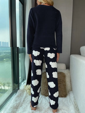 Conjunto de Pijama de Manga Longa de Flanela com Bordado de Cílios
