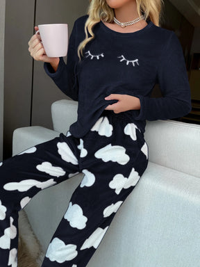 Conjunto de Pijama de Manga Longa de Flanela com Bordado de Cílios