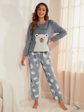 CoupledUp Conjunto de Pijama/Pijama em Flanela com Bordado de Urso e Letra