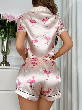 Conjunto de pijama com gola e mangas curtas, com estampa de amor flamingo, para o verão.