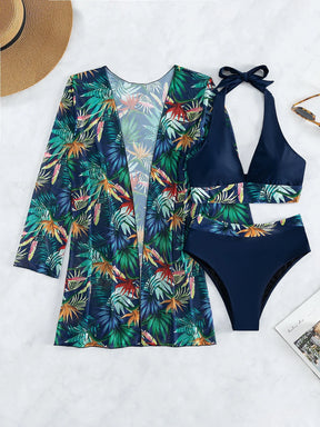 SHEIN Swim Conjunto De Bikini Com Estampa Tropical E Quimono Combinando, Praia De Verão