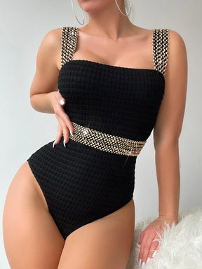 SHEIN Swim Fato de banho de uma peça lantejoula de contraste sem fio