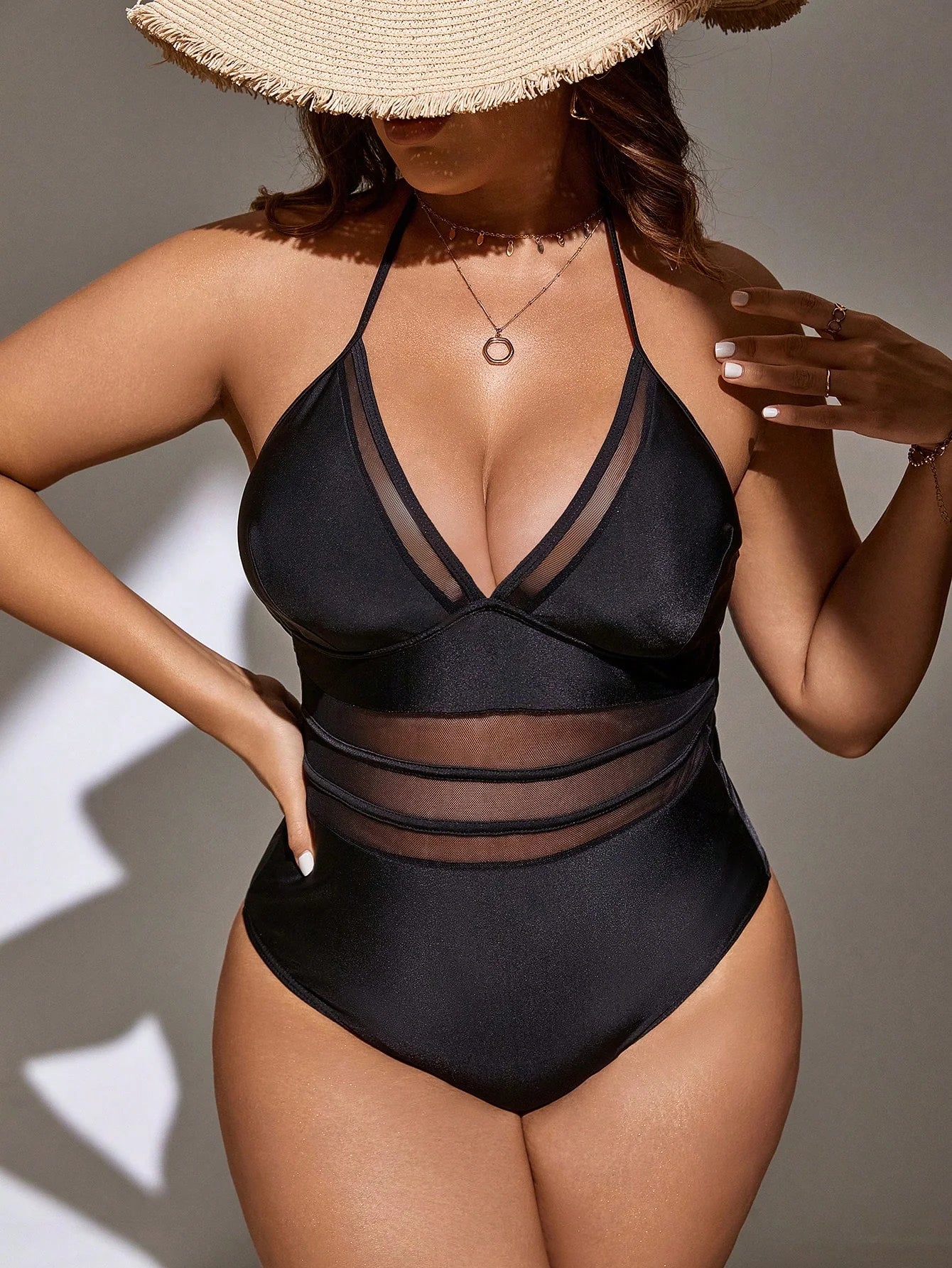 Swim SXY Plus Malha De Contraste Halter Fato De Banho De Uma Peça