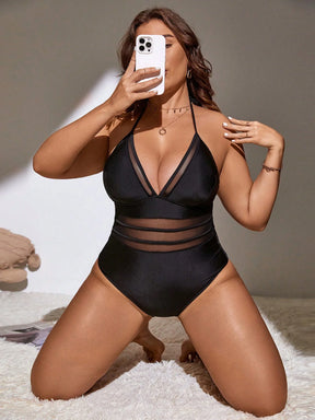Swim SXY Plus Malha De Contraste Halter Fato De Banho De Uma Peça
