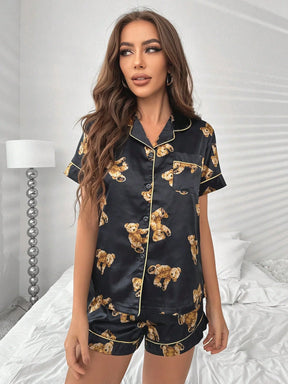 CoupledUp Conjunto de Pijama com Estampa de Urso e Vivo em Contraste em Cetim