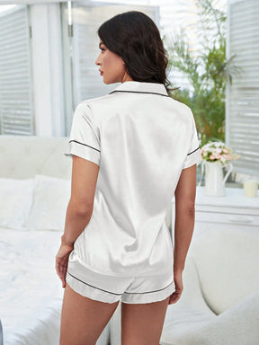 SHEIN Conjunto de Pijama Curto de Manga Curta e Shorts de Cor Sólida de Cetim para Mulheres, Roupa Doméstica de Verão