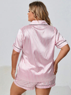 Conjunto de Pijama/Pijama de Cetim com Piping Contrastante Listrado