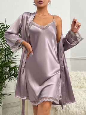 2 Conjuntos Pijama Roupão de Cetim com Painel de Renda e Amarração, Conjunto Branco