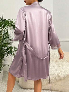 2 Conjuntos Pijama Roupão de Cetim com Painel de Renda e Amarração, Conjunto Branco