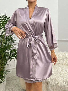 2 Conjuntos Pijama Roupão de Cetim com Painel de Renda e Amarração, Conjunto Branco